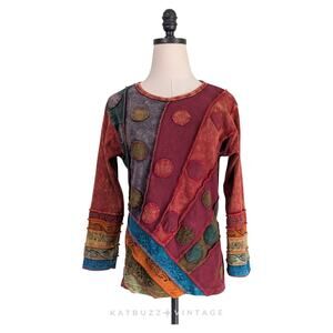 Greater Good Patchwork Top S M Multicolor Long Sleeve Hippie Boho Indie Eclectic